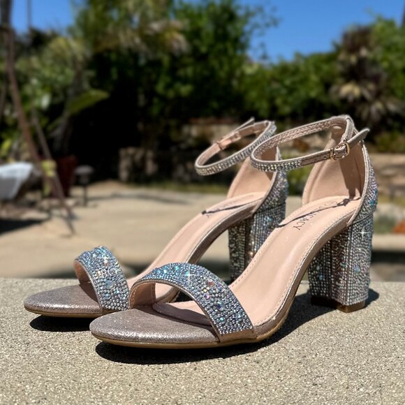Delicacy Shoes - New Bling Gold Rhinestone Crystal Open Toe Dress Sandals Ankle Strap Block Heel